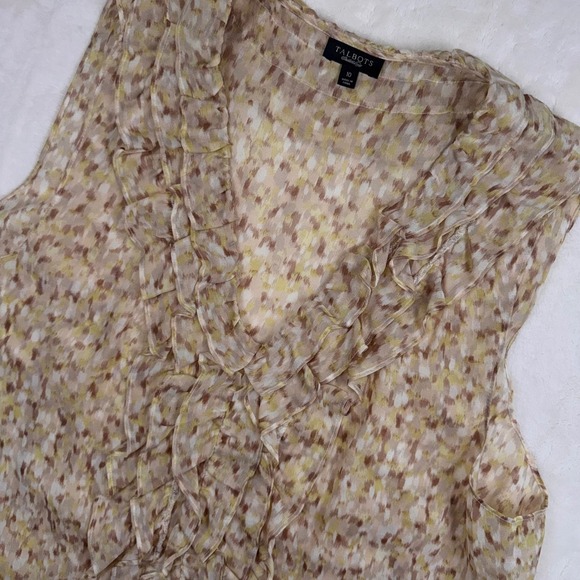 Talbots Tops - Talbots Blouse Womens 10 Tan Silk Ruffle V-Neck Sleeveless Abstract Ikat Top